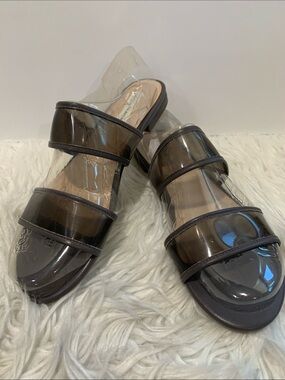 SAKS Fifth Avenue Transparent Double Strap PVC/Leather Slides in Smokey Grey